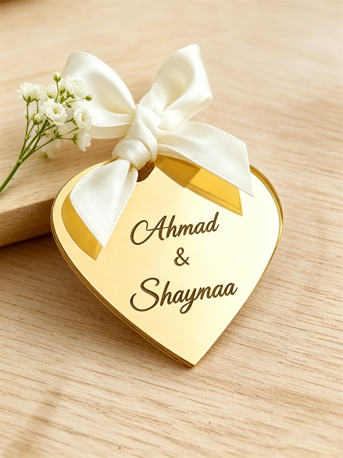Customize heart-shaped mirror wedding labels and names to create a unique souvenir for your guests to cherish